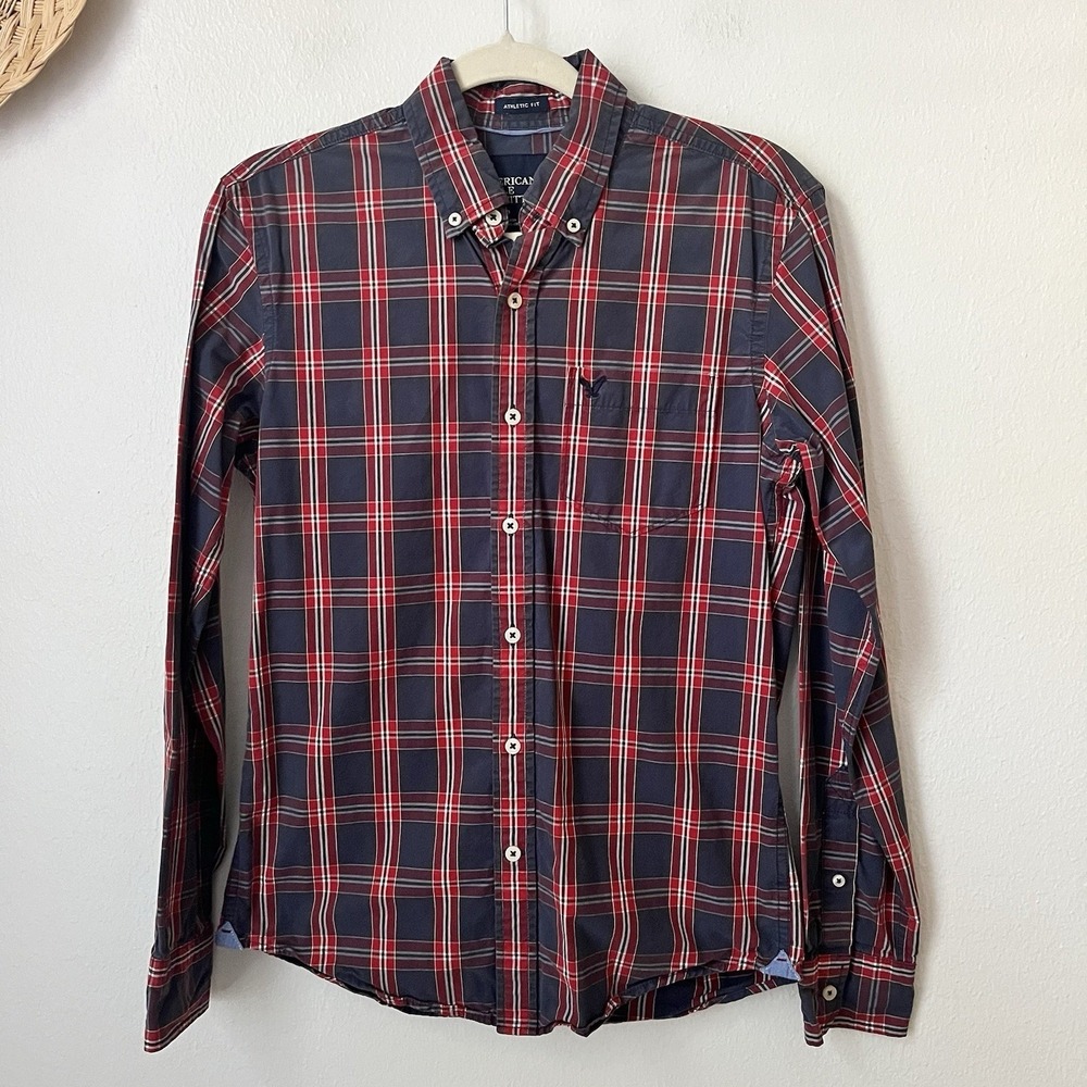 American Eagle Y2k blue red plaid preppy long slv button shirt athletic fit XS